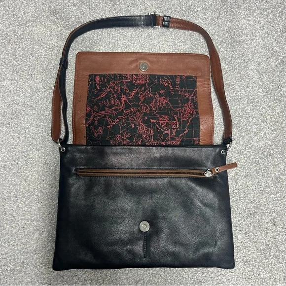 Bruno Rossi Purse Black Brown Soft Leather Bag Crossbody Fold Over Top Italy